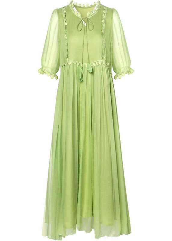 Green Color Lace Up Wrinkled Chiffon Dress Half Sleeve