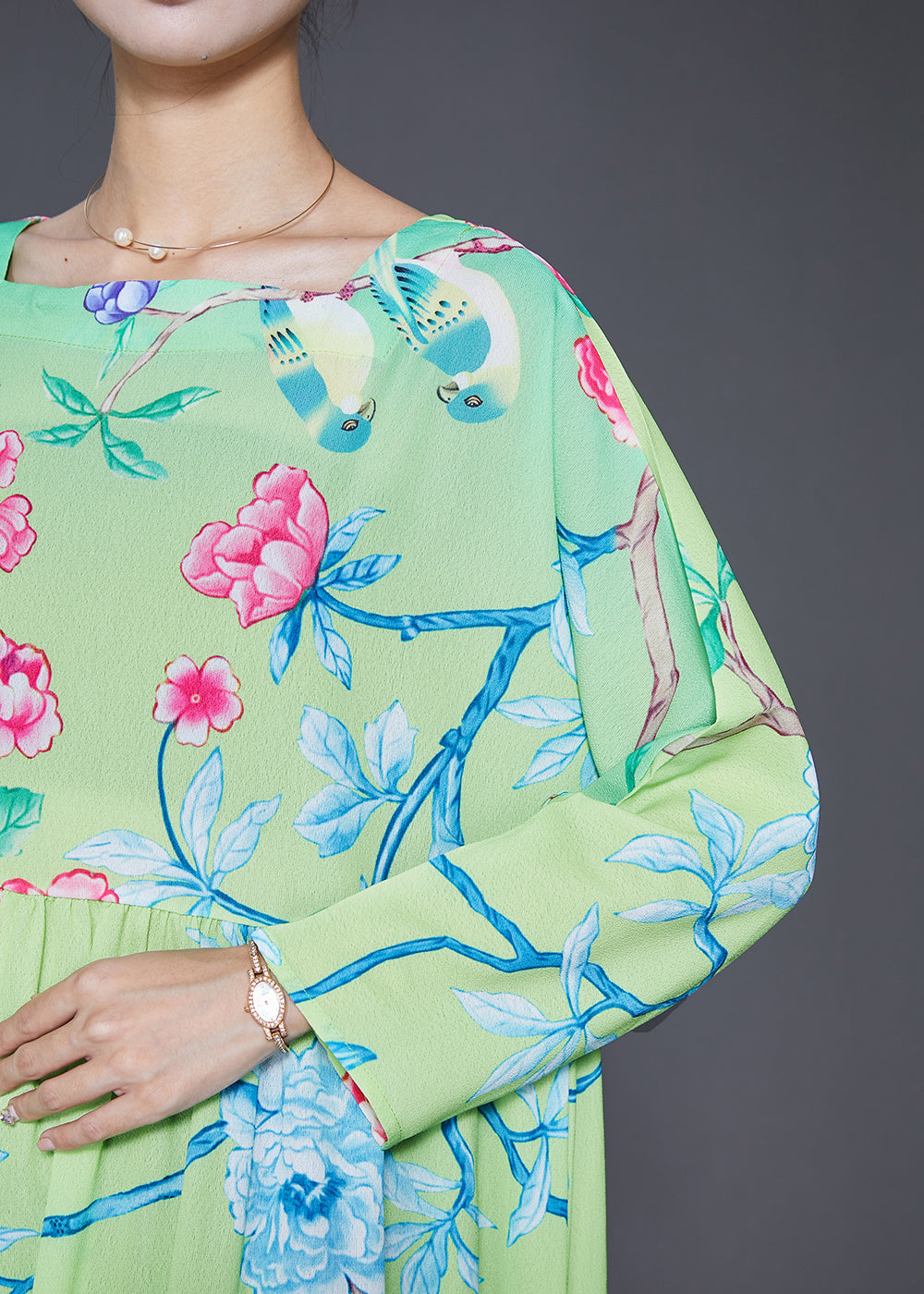 Green Square Collar Print Silk Holiday Dresses Fall