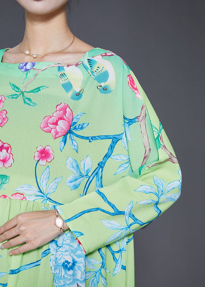 Green Square Collar Print Silk Holiday Dresses Fall
