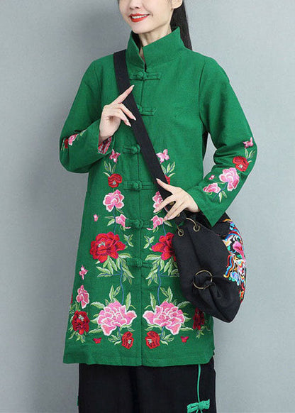 Green Stand Collar Embroideried Cotton Coats Fall
