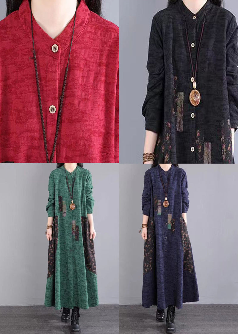 Green Stand Collar Patchwork Cotton Long Dresses Fall