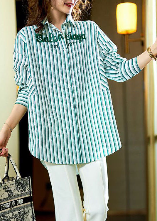 Green Striped Graphic Patchwork Cotton Shirts Spring