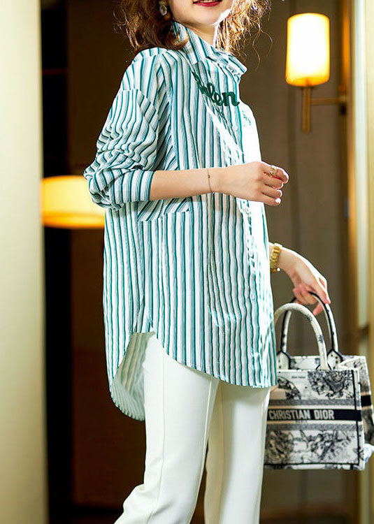 Green Striped Graphic Patchwork Cotton Shirts Spring
