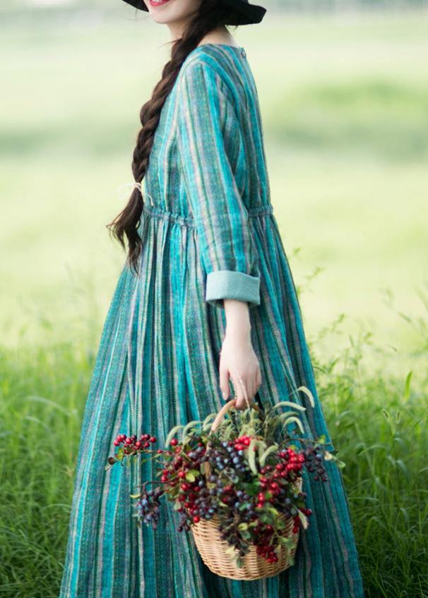 Green Striped Tunic Pattern O Neck Drawstring Kaftan Dresses