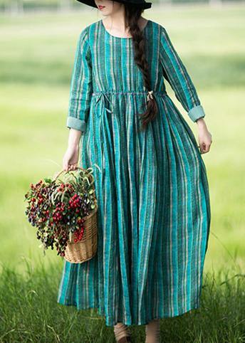 Green Striped Tunic Pattern O Neck Drawstring Kaftan Dresses