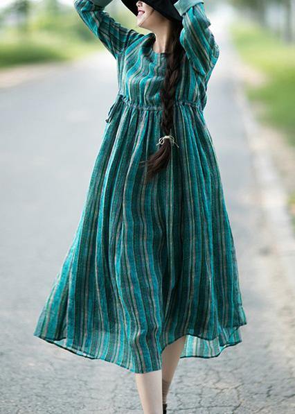 Green Striped Tunic Pattern O Neck Drawstring Kaftan Dresses