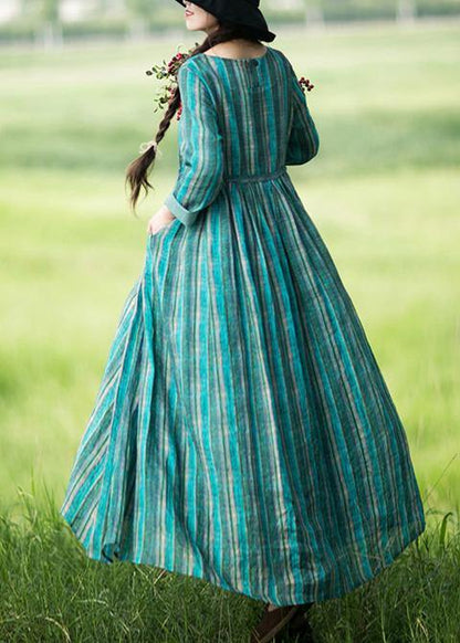 Green Striped Tunic Pattern O Neck Drawstring Kaftan Dresses