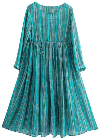 Green Striped Tunic Pattern O Neck Drawstring Kaftan Dresses