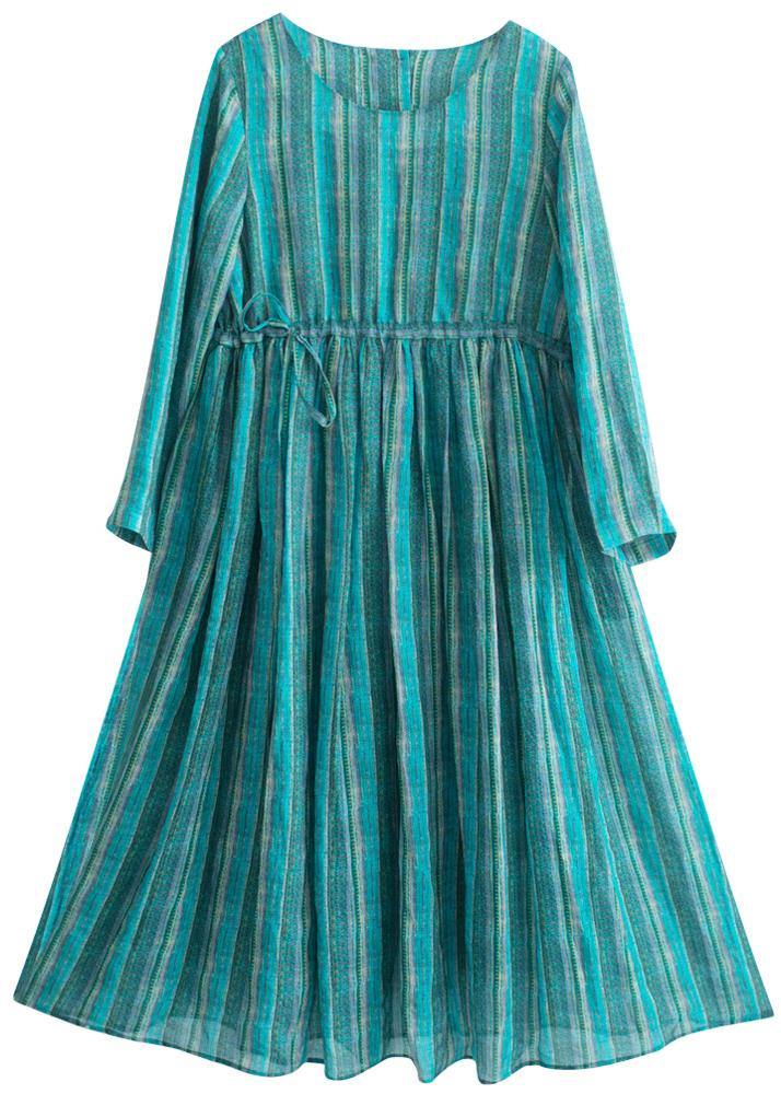 Green Striped Tunic Pattern O Neck Drawstring Kaftan Dresses