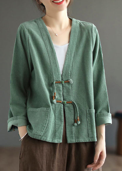 Green Tasseled Pockets Patchwork Corduroy Coat Fall
