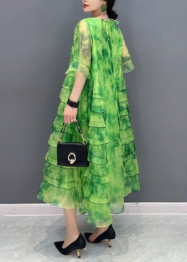 Green Tie Dye Ruffled Patchwork Chiffon Dresses Summer