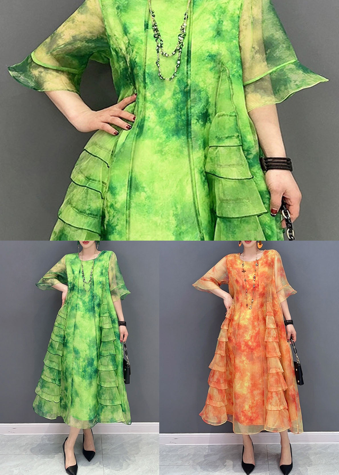 Green Tie Dye Ruffled Patchwork Chiffon Dresses Summer