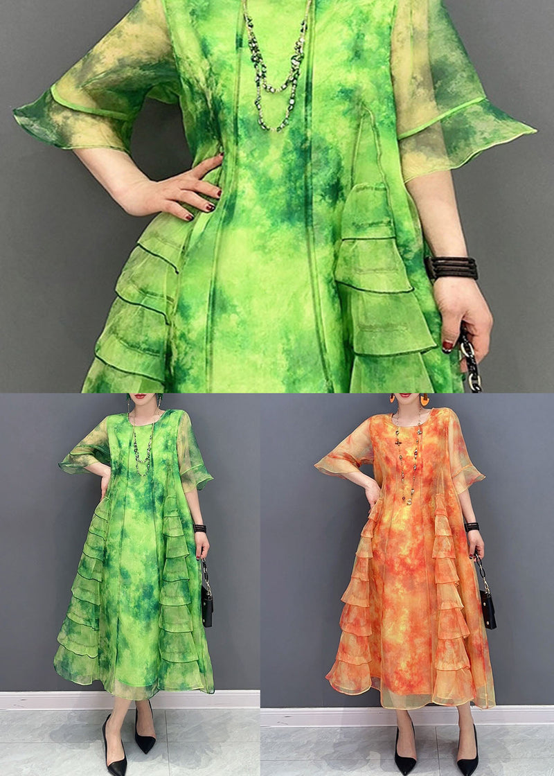 Green Tie Dye Ruffled Patchwork Chiffon Dresses Summer