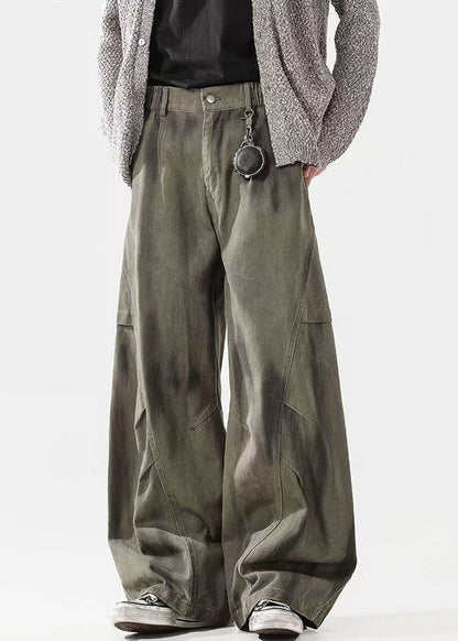 Green Tie Dye Wrinkled Elastic Waist Cotton Pants Spring