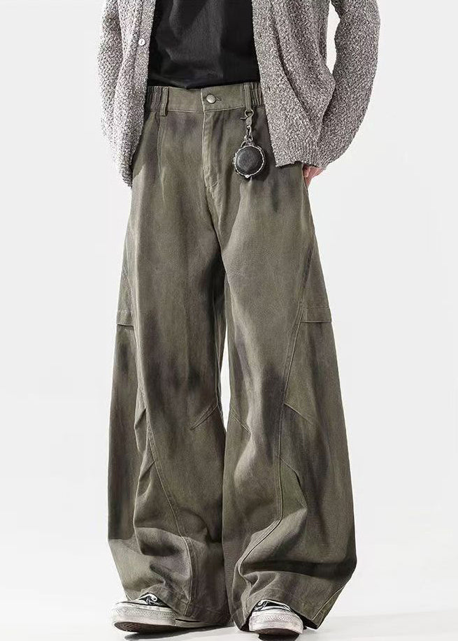 Green Tie Dye Wrinkled Elastic Waist Cotton Pants Spring
