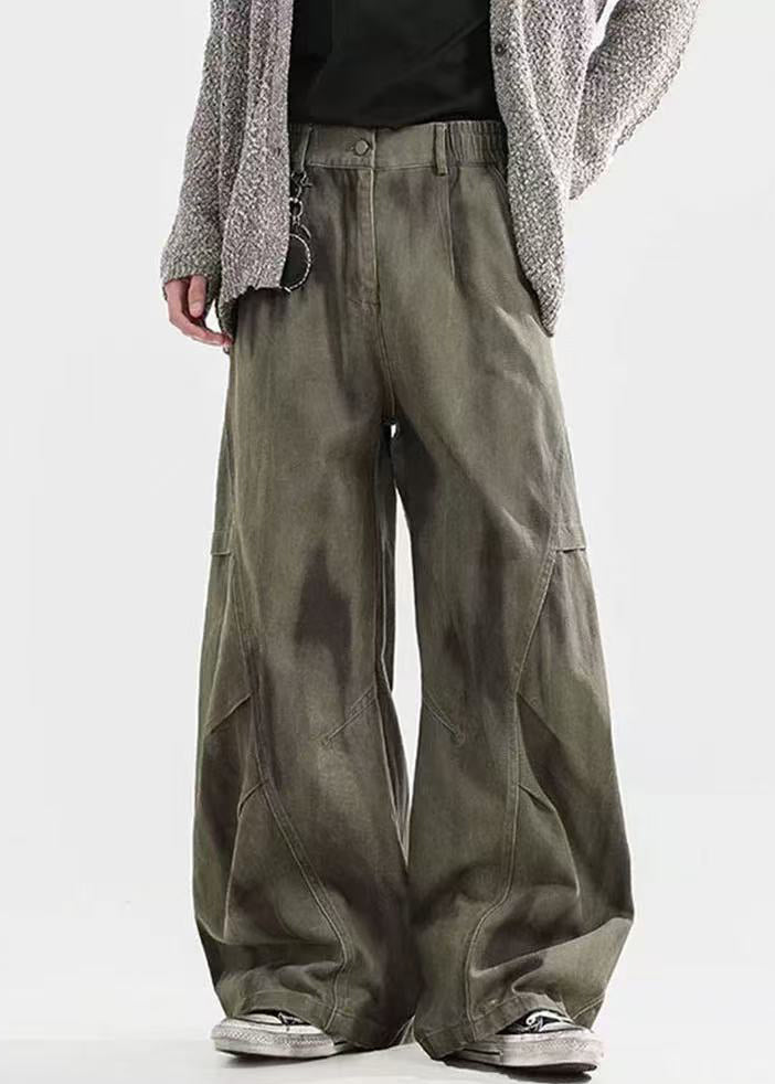 Green Tie Dye Wrinkled Elastic Waist Cotton Pants Spring