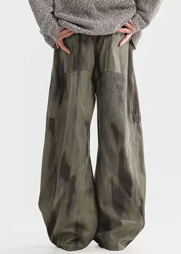 Green Tie Dye Wrinkled Elastic Waist Cotton Pants Spring