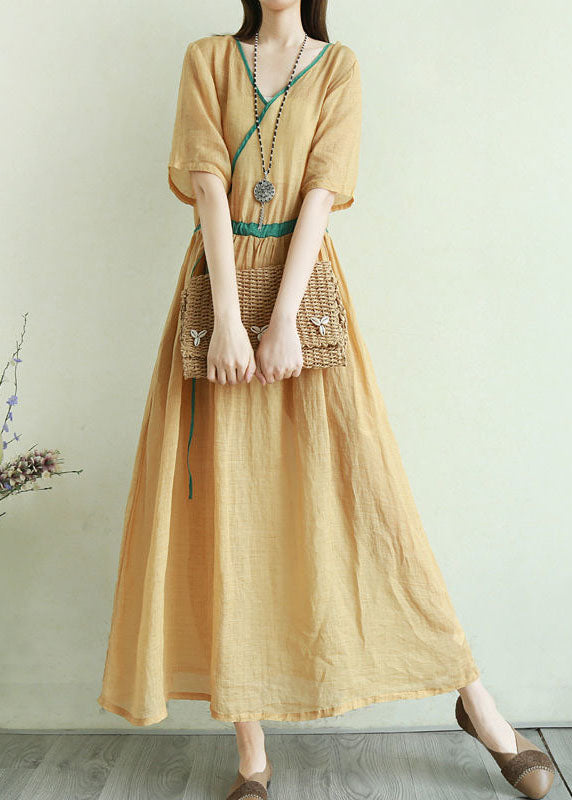 Green Tie Waist V Neck Patchwork Linen Dresses Half Sleeve