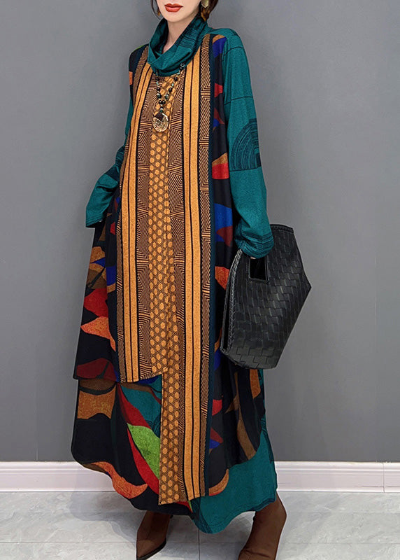 Green Turtleneck Print Patchwork Long Dress Long Sleeve