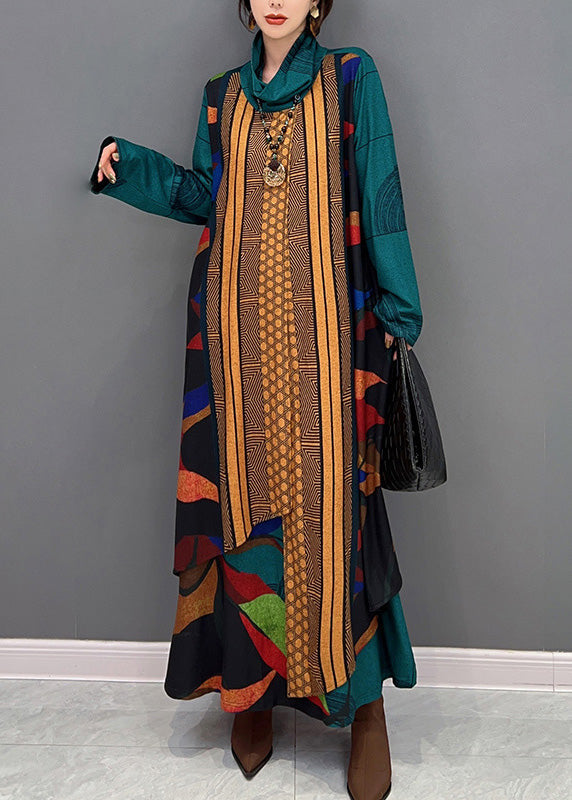 Green Turtleneck Print Patchwork Long Dress Long Sleeve