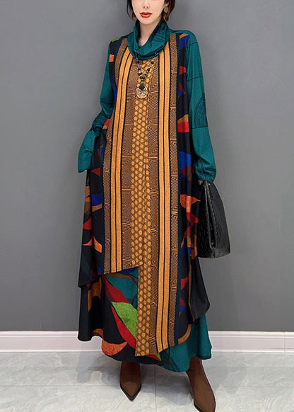 Green Turtleneck Print Patchwork Long Dress Long Sleeve