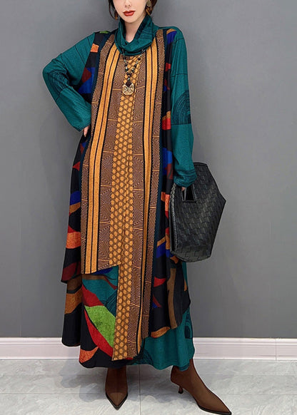 Green Turtleneck Print Patchwork Long Dress Long Sleeve