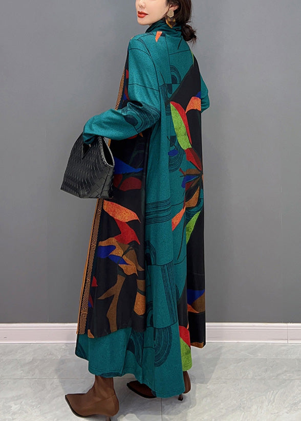 Green Turtleneck Print Patchwork Long Dress Long Sleeve