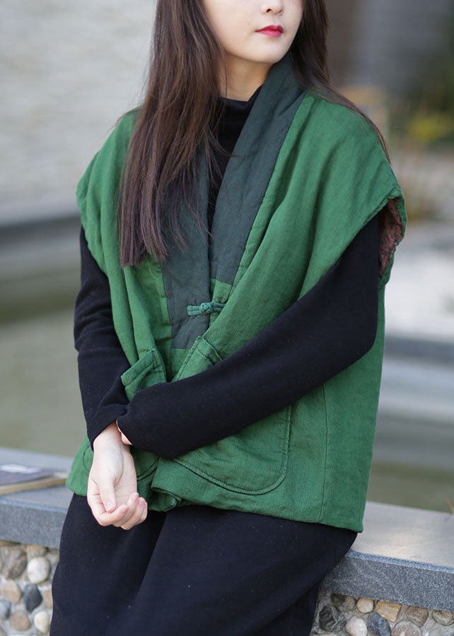 Green V Neck Patchwork Thick Fine Cotton Filled Vests Winter