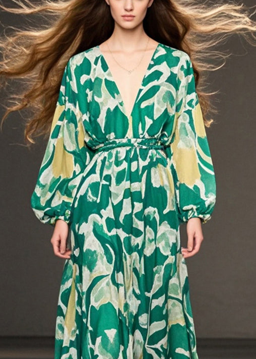 Green V Neck Print Chiffon Holiday Dresses Spring