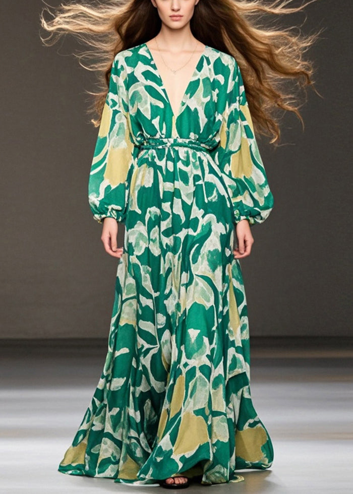 Green V Neck Print Chiffon Holiday Dresses Spring