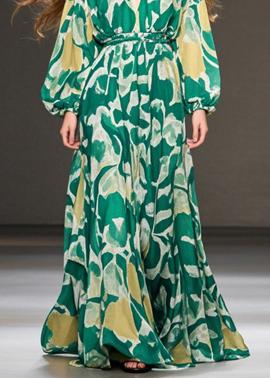 Green V Neck Print Chiffon Holiday Dresses Spring