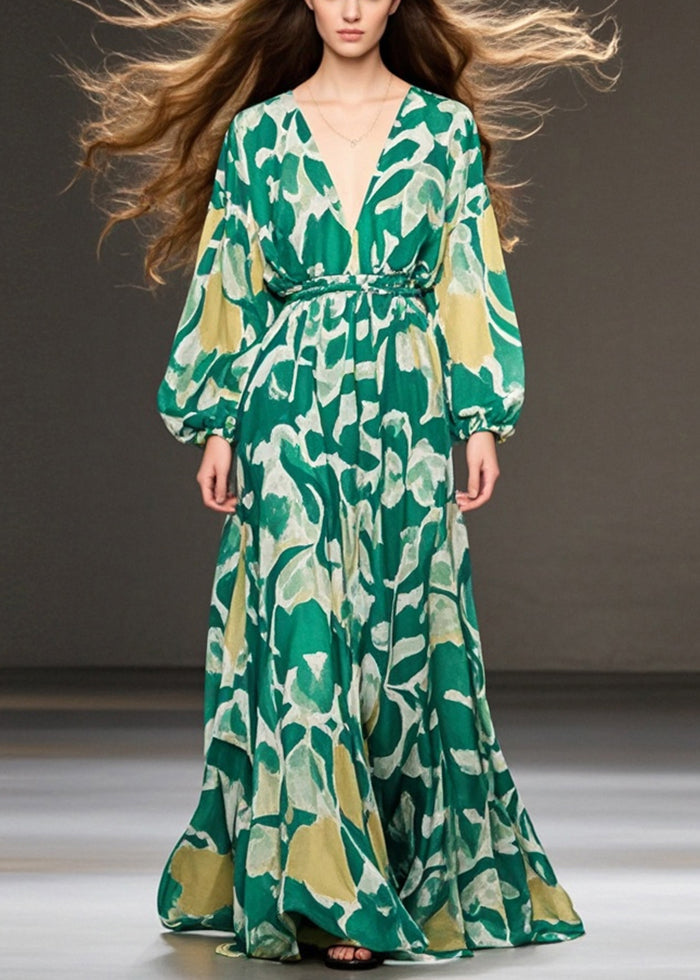Green V Neck Print Chiffon Holiday Dresses Spring