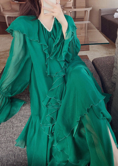Green V Neck Print Nail Bead Wrinkled Silk Maxi Dresses Lantern Sleeve