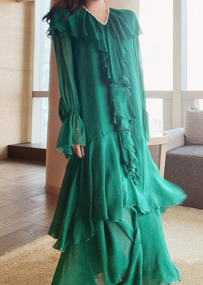 Green V Neck Print Nail Bead Wrinkled Silk Maxi Dresses Lantern Sleeve
