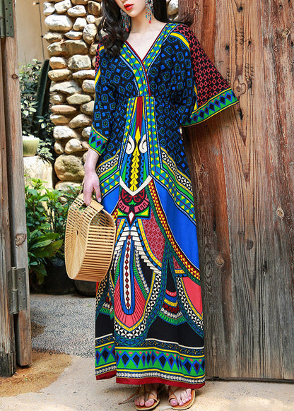 Green V Neck Print Patchwork Cotton Long Dresses Batwing Sleeve