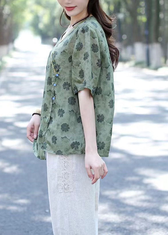 Green V Neck Print Patchwork Linen Shirts Summer