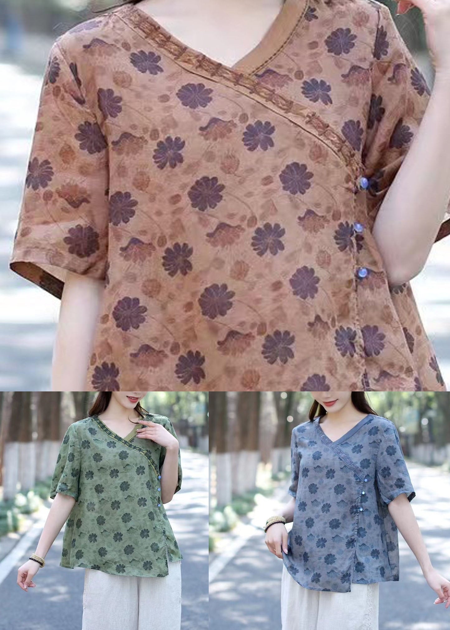 Green V Neck Print Patchwork Linen Shirts Summer
