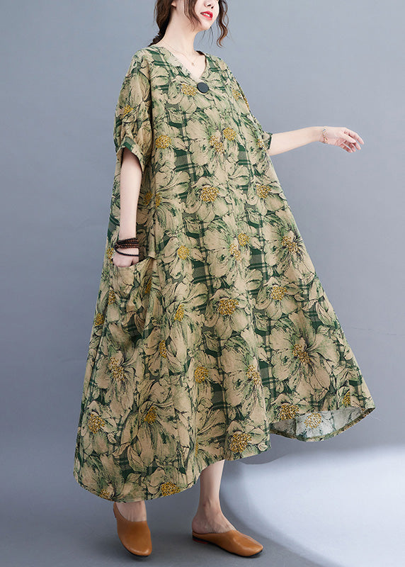 Green V Neck Print Wrinkled Holiday Long Dress Summer