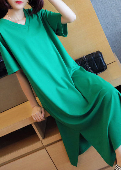 Green V Neck Side Open Cotton Long Dress Summer