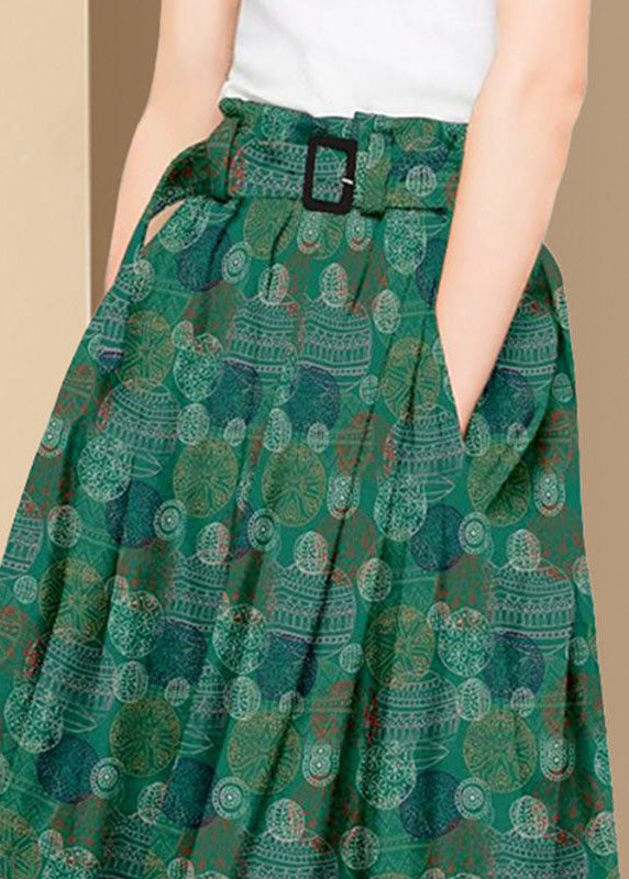 Green Wrinkled Pockets Print Patchwork Silk Skirts Summer