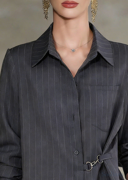 Bohemian Grey Asymmetrical Striped Cotton Shirt Top Spring