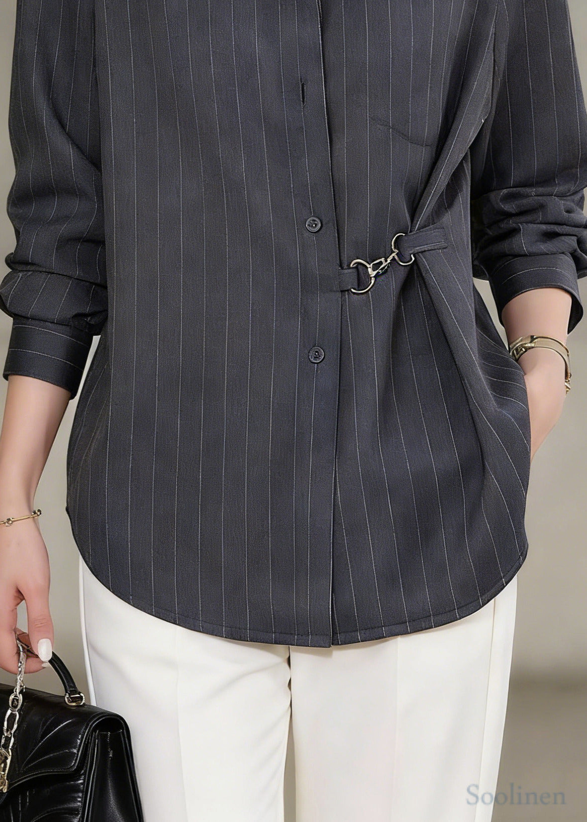 Bohemian Grey Asymmetrical Striped Cotton Shirt Top Spring