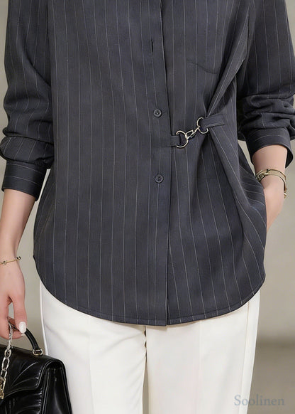 Bohemian Grey Asymmetrical Striped Cotton Shirt Top Spring