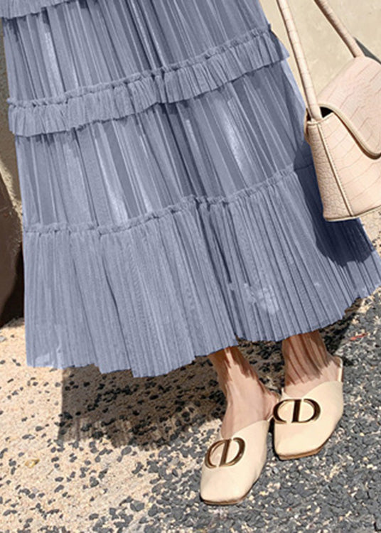 Grey Blue High Waist Wrinkled Tulle Cake Skirt Spring