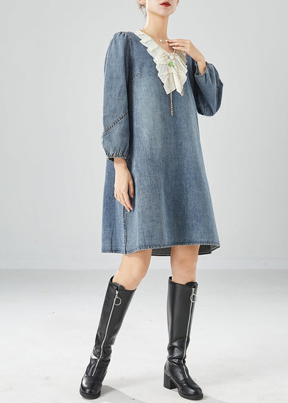 Grey Blue Ruffles Patchwork Denim Maxi Dress Summer