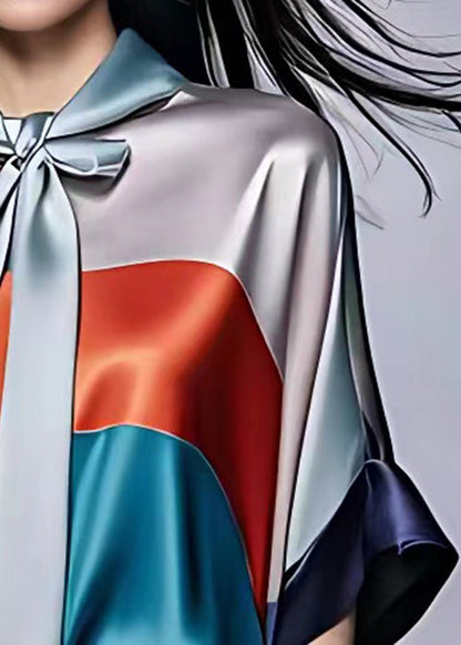 Grey Bow Patchwork Silk Blouse Half Sleeve