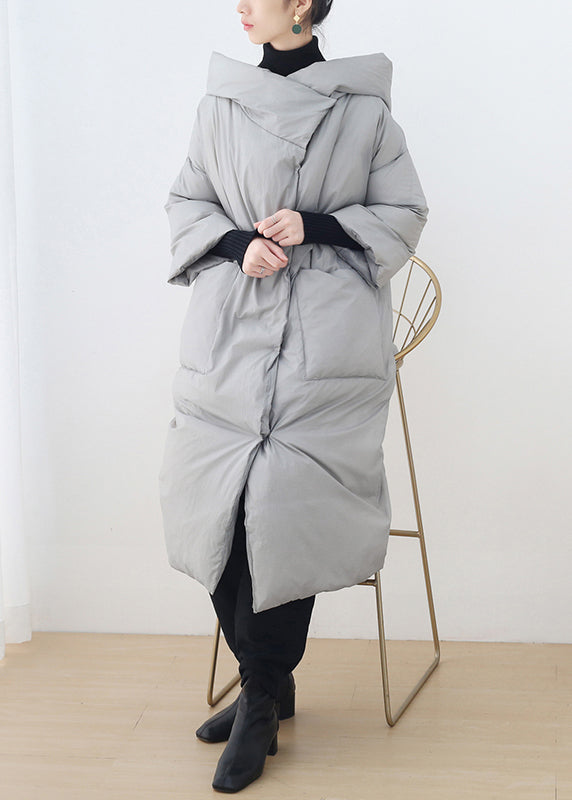 Grey Button Pockets Hooded Down Coat Long Sleeve