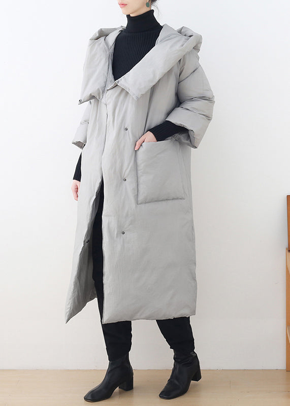 Grey Button Pockets Hooded Down Coat Long Sleeve
