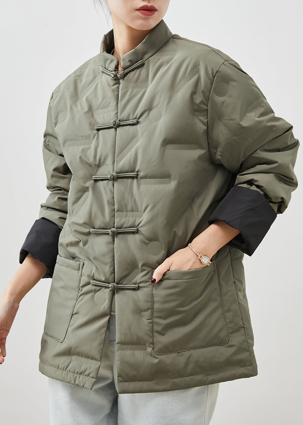 Grey Chinese Button Fine Cotton Filled Jackets Spring