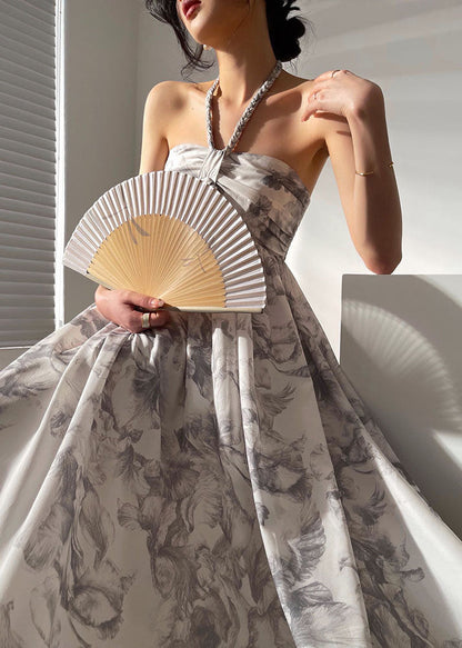 Grey Cold Shoulder Print Exra Large Hem Chiffon Dress Sleeveless